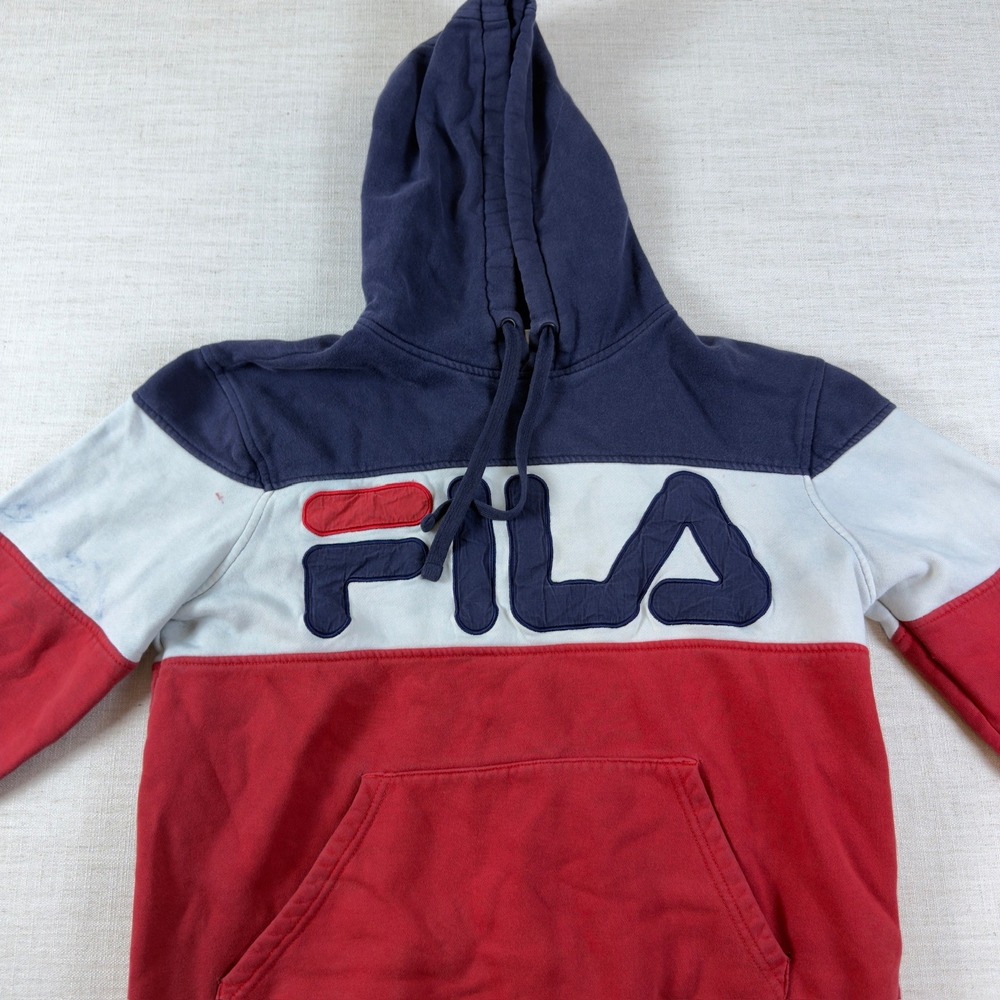 Fila Colorblock Hoodie Navy White Red Embroidered Logo Sweatshirt Mens Small